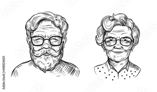 Portrait of an old woman and old man, pensioner. Grandma. Grandfather. Hand drawn vector sketch illustration
