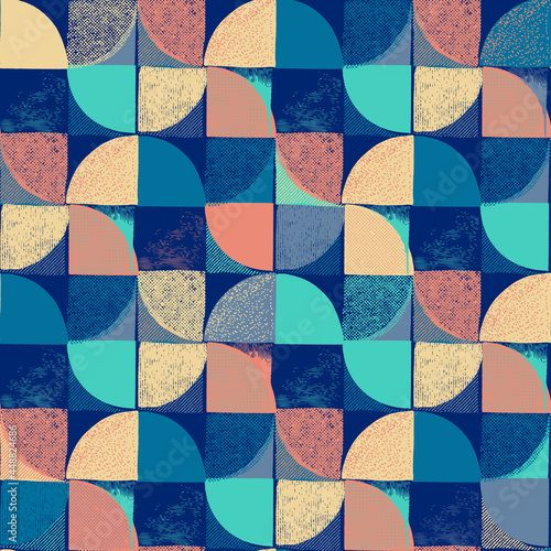 Retro seamless pattern design - colorful nostalgic repeat abstract background for textile, wallpaper, and wrapping paper. Decorative ornament in vintage design flat style
