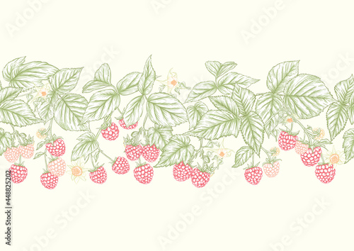 Raspberry. Ripe berries on branch. Seamless pattern, background. Graphic drawing, engraving style. Vector illustration on black background.