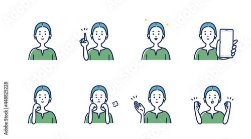 若い女性の表情とジェスチャーのイラスト素材セット