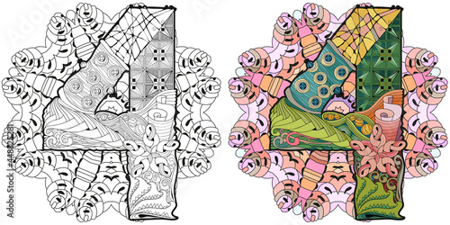 Mandala with numero four. Vector decorative zentangle