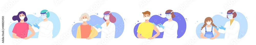 Bundle of people in different ages get COVID-19 vaccine injection by physicians. Concept of vaccination, herd immunity, virus epidemic prevention, immunization. Flat vector illustration character. Bundle of people in different ages get COVID-19 vaccine injection by physicians. Concept of vaccination, herd immunity, virus epidemic prevention, immunization. Flat vector illustration character.