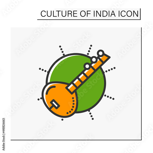 Sitar color icon. Indian traditional string musical instrument. Indian classical music. Hindu music. Indian culture, esthetics, traditions and customs. Isolated vector illustration