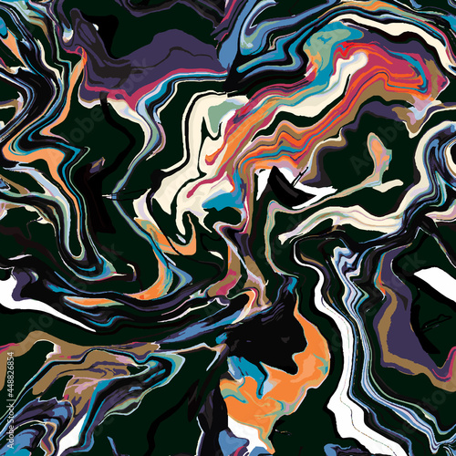 Marble texture seamless pattern. Purple, orange, blue, dark abstract background. Seamless liquid fluid. Ebru style effect. Aqua ink print .Vector