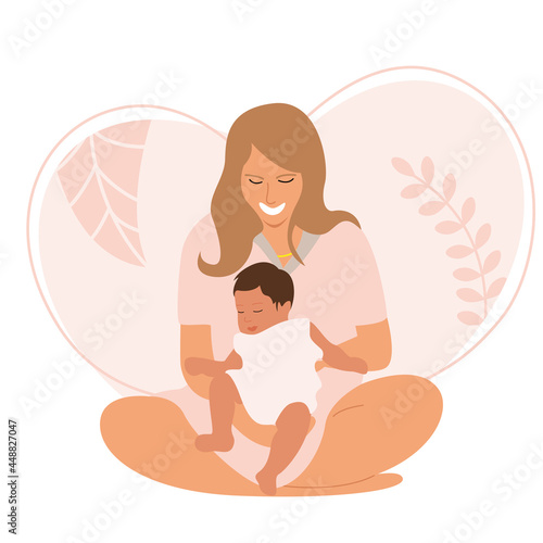 A young mother sits in a lotus position and hugs her newborn baby. New life and motherhood. Baby card.