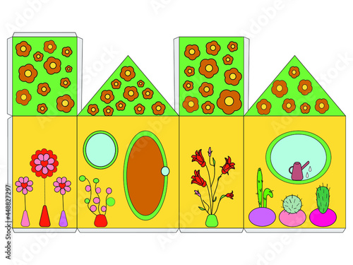 House paper  flowers model. Paper craft vector illustration for children. Miniature