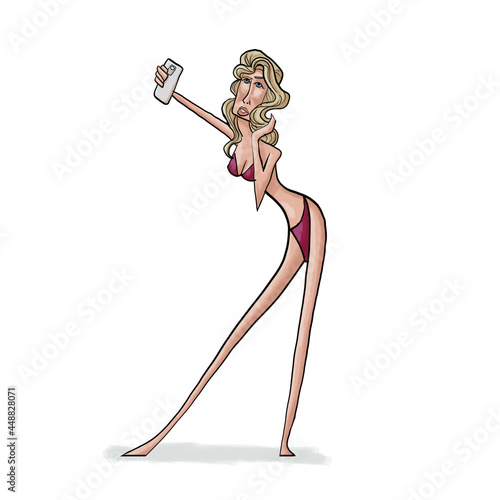 Skinny blonde girl in bikini with smartphone taking selfie. (ID: 448828071)
