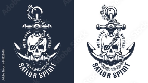 Seafarer tattoo with anchor and skull. Pirate skeletonl with anchor and chain. Vector illustartion.