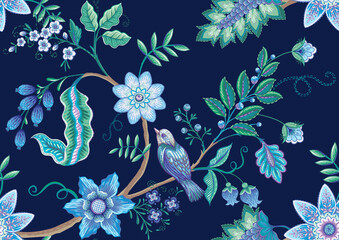 Keuken achterwand Vintage stijl patronen Seamless pattern with stylized ornamental flowers in retro, vintage style. Jacobin embroidery. Colored vector illustration on navy blue background.  © Elen  Lane
