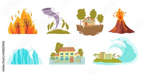 Climat cataclysms icons set cartoon vector. Flood weather disaster
