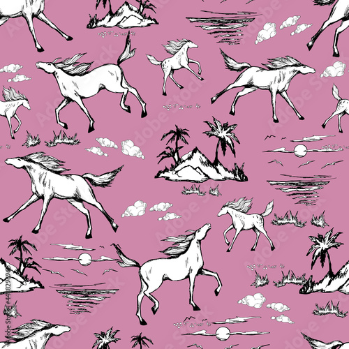 Galloping horses on pink background. Drawn seamless pattern. Silhouettes and linear figures of running horses of black and white color. Vector texture  print