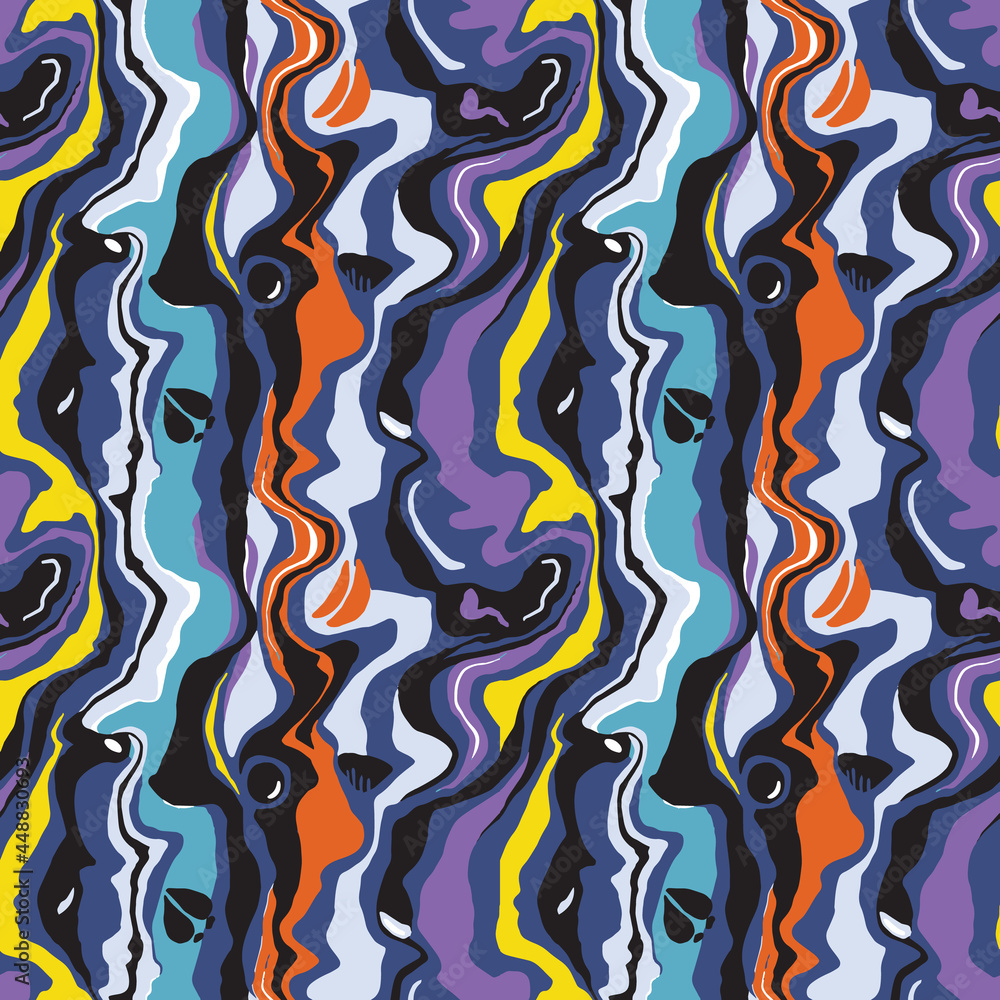 Marble seamless pattern. Abstract hand drawn trendy background in blue, purple, yellow colors. Vector texture