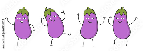 Set aubergine character cartoon eggplant dancing face smiling happy emotions icon logo vector illustration.