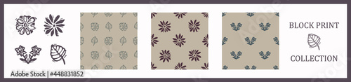 Seamless background block print collection flower and leaf set of 3 patterns with motif. Rustic babies silhouette illustration background. Modern beige scandi style. Soft cloth textile fashion. 