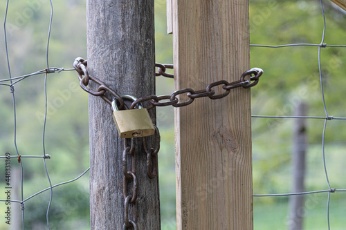 Closeup shot of the metallic chain with a lock connecting two logs  © andre