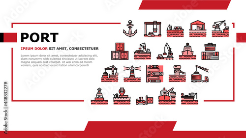 Container Port Tool Landing Web Page Header Banner Template Vector. Port Crane Loader For Loading Boxes On Ship And Storehouse, Buoy And Lighthouse, Delivery Service Illustration