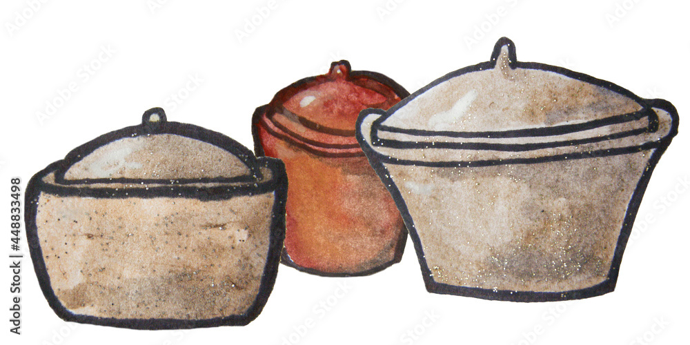Fototapeta premium Watercolor drawing of kitchen utensils. Pots, saucepans, baking containers. A baking pot. Dishes for the kitchen. Hand-drawn watercolour drawing.