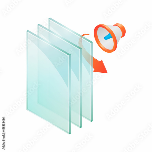 Vector illustration sheets of window glass isolated on transparent background. Realistic glass sheets icon. Cross-section diagram of a soundproofing double glazed window pane. Noise reducing.