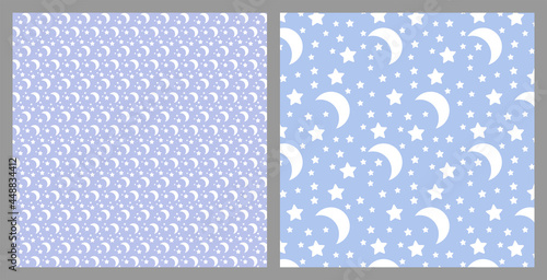 
Goodnight. Set of patterns of stars and moon on a blue background. Lightweight and simple pattern. Vector illustration