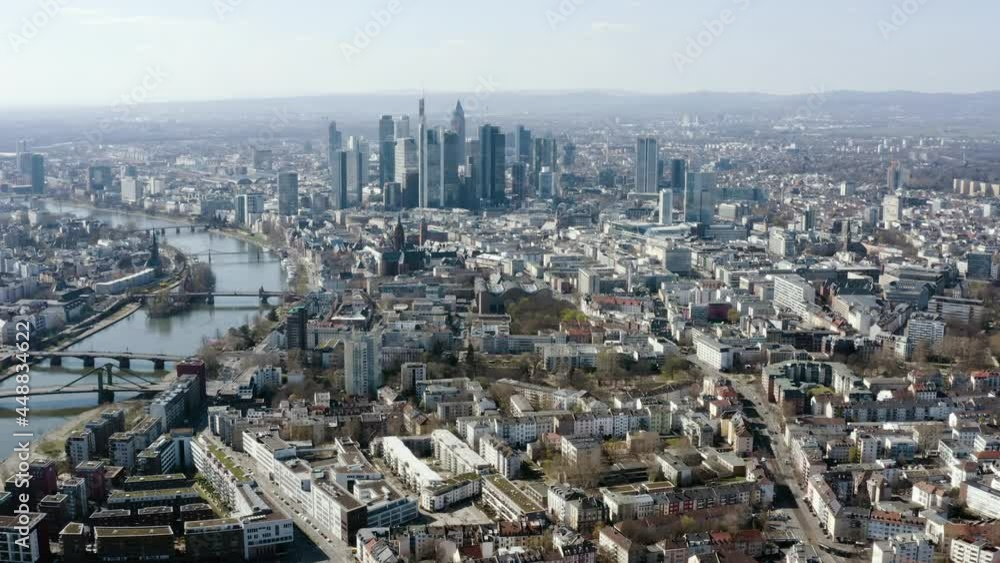 Aerial view of Frankfurt am Main the financial and downtown district cityscape and skyline from above in Germany 4K Aerial view of Frankfurt am Main the financial and downtown district cityscape and skyline from above in Germany 4K