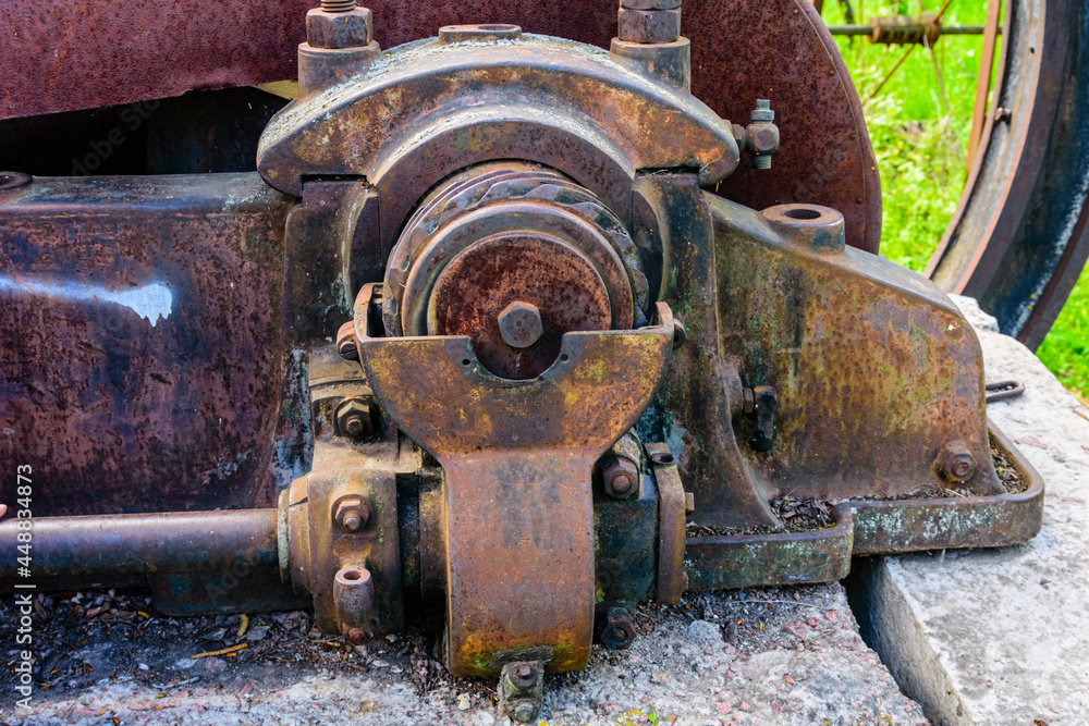 Details of the old steam threshing machine. Agricultural equipment