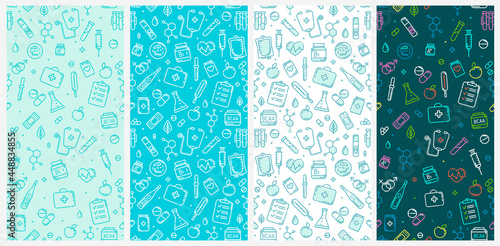 Medical with Pharmacy elements icons Seamless pattern set. Medicine items icons ion blue background. Line icons set of First aid kit, thermometer, vitamins, phonendoscope