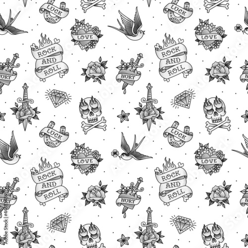 Old school traditional tattoo elements monochrome pattern on white background. Traditional tattoo symbols and rockabilly icons set of swallow bird, anchor, heart, rose, scull