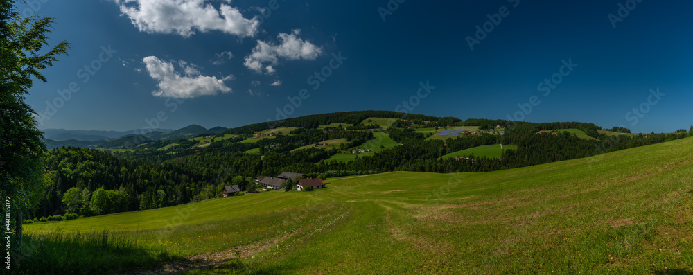 Pass near Niederer Schockl hill with green meadows and fences in Austria