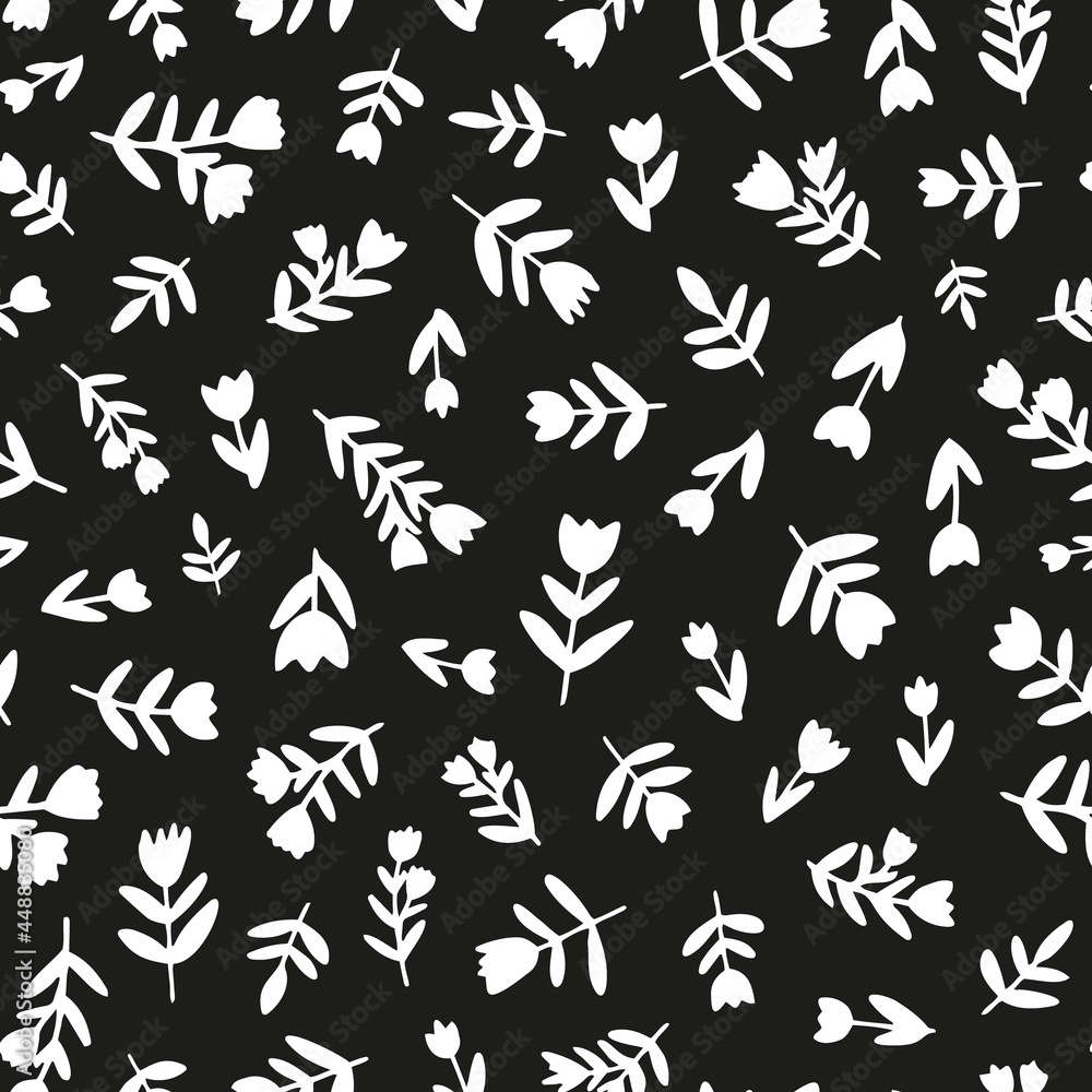 White silhouette flowers and leaves seamless repeat pattern. Random placed, vector botanical all over print on black background. Perfect as background, wallpaper, textile, fashion print and more.