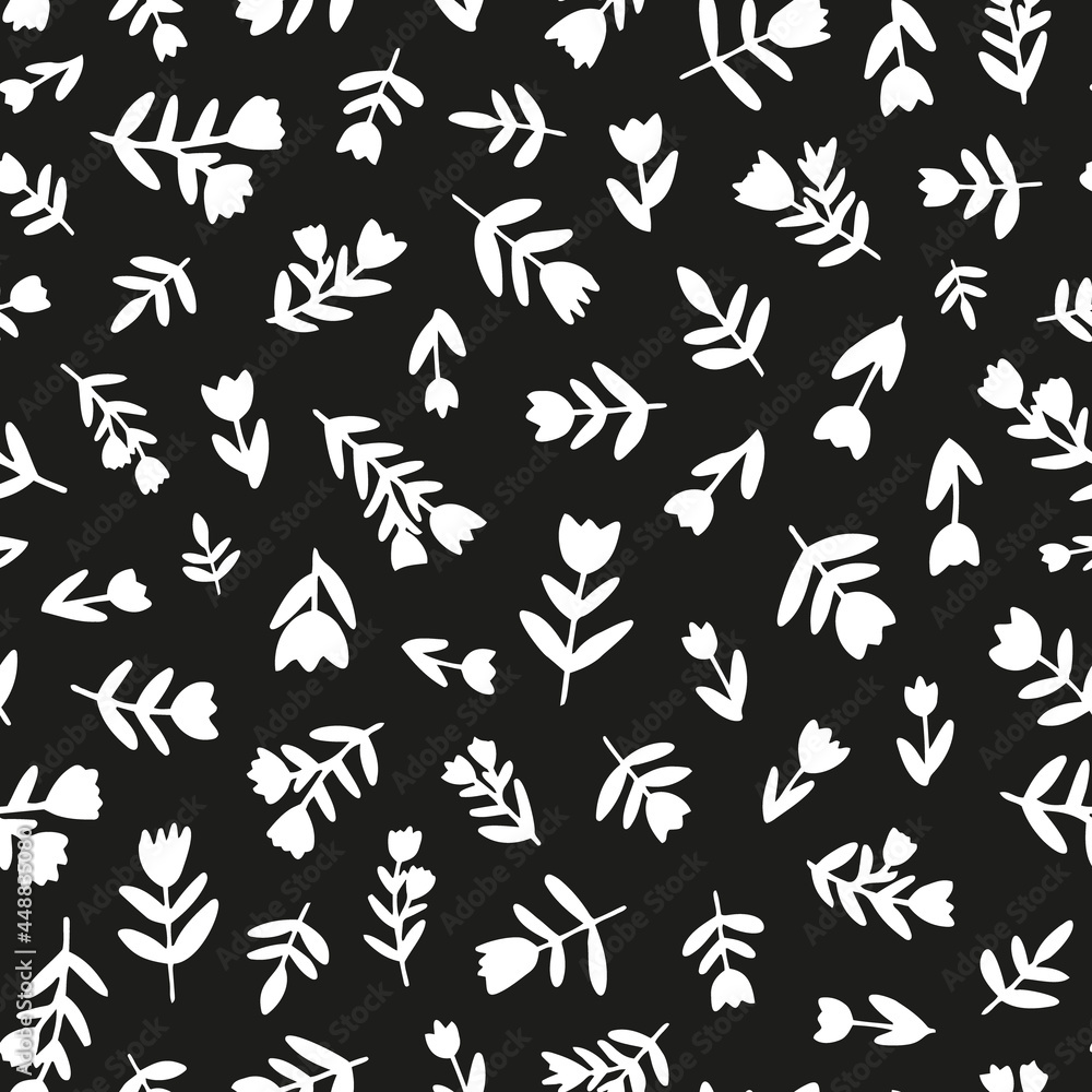 White silhouette flowers and leaves seamless repeat pattern. Random placed, vector botanical all over print on black background. Perfect as background, wallpaper, textile, fashion print and more. White silhouette flowers and leaves seamless repeat pattern. Random placed, vector botanical all over print on black background. Perfect as background, wallpaper, textile, fashion print and more.