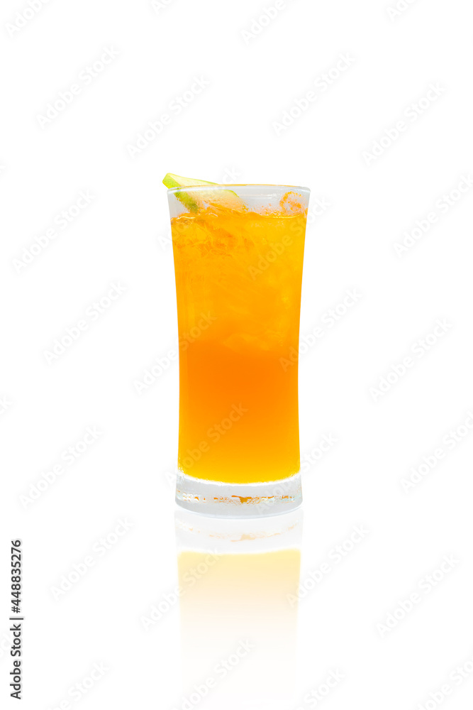 Orange juice cold in glass with thin orange slices isolated on white color background Orange juice cold in glass with thin orange slices isolated on white color background