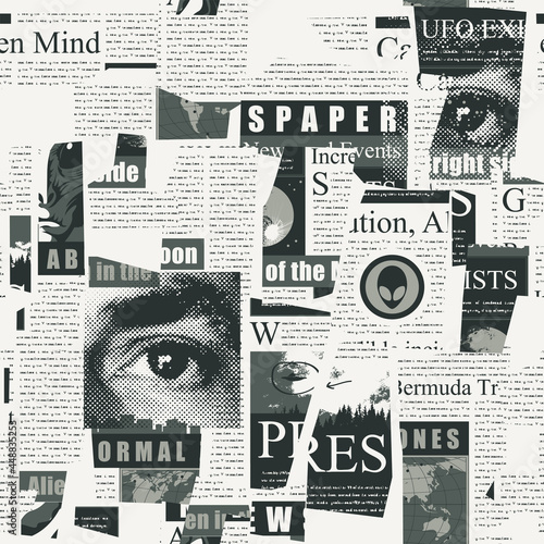 Abstract seamless pattern with a collage of magazine and newspaper clippings. Black and white vector background with unreadable text  headlines and illustrations. Wallpaper  wrapping paper or fabric