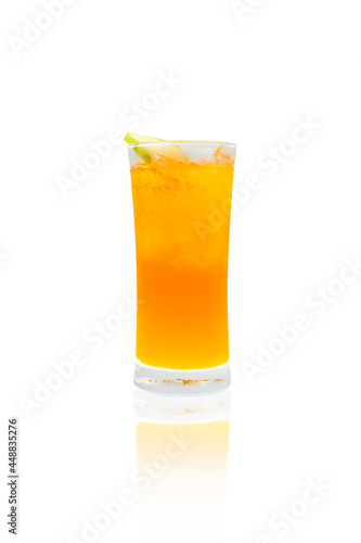 Orange juice cold in glass with thin orange slices isolated on white color background