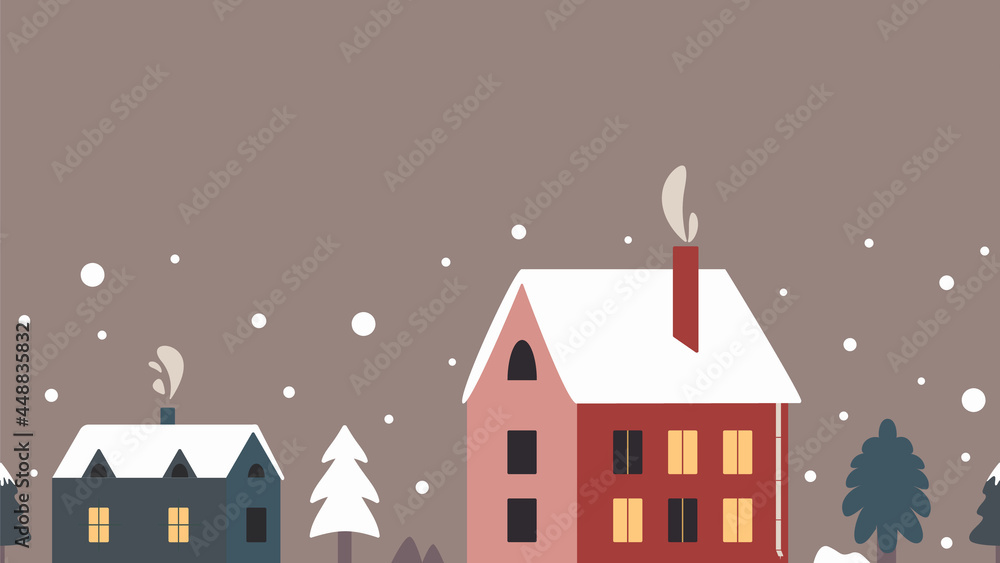 Cute seamless winter border with Christmas houses, fur trees,spruces and snow. Texture for decoration greeting cards for New Year, websites,showcases,covers,holiday packaging,goods for kids. Vector
