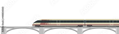 High-speed train on bridge. Fast transport. Railway with locomotive. Modern outdoor landscape. Isolated on background.. Flat style design. Vector