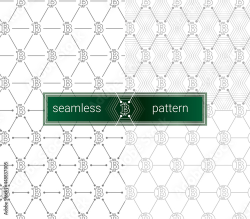 Bitcoin seamless pattern. BTC background. White seamless background with signs of Bitcoin. White line bitcoin token Seamless Pattern.