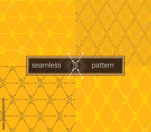 Yellow Bitcoin seamless pattern set. BTC background. Seamless background with signs of Bitcoin. Yellow line bitcoin token Seamless Pattern.