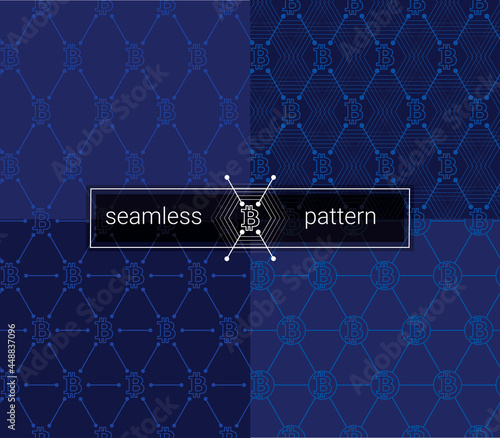 Neutral Bitcoin seamless pattern set. BTC background. Seamless background with signs of Bitcoin. Blue line bitcoin token Seamless Pattern