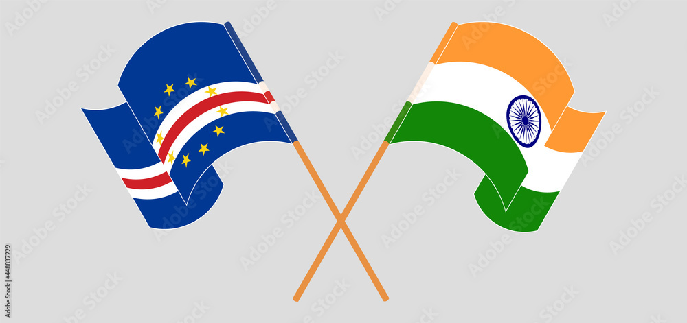 Crossed and waving flags of Cape Verde and India Crossed and waving flags of Cape Verde and India
