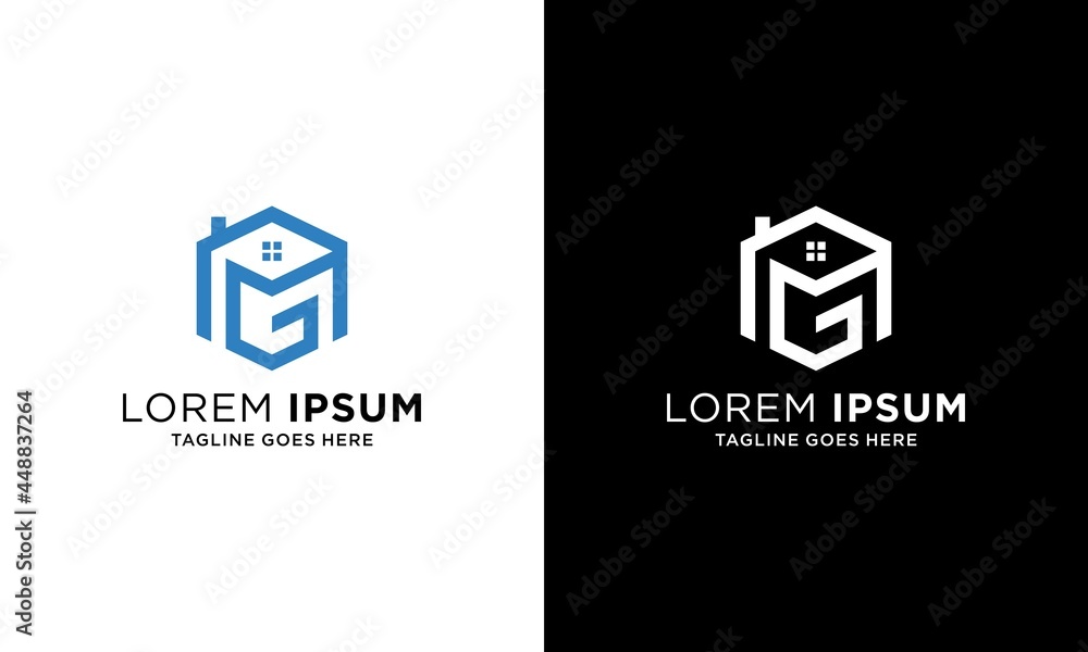 letter MG home  with hexagon logo design vector template. on a white and black background. - obrazy, fototapety, plakaty 