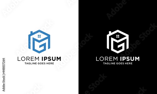 letter MG home  with hexagon logo design vector template. on a white and black background.
