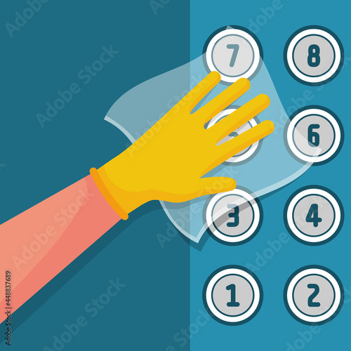 Worker wipes the elevator buttons with napkin. Cleaner disinfects lift buttons. Hygiene public space. Service for cleaning premises. Vector illustration flat design. Napkin in hands.