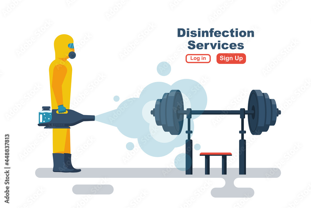 Disinfection gym. Cleaning fitness center. Prevention of covid 2019. Specialist in hazmat suit disinfecting coronavirus. Vector illustration flat design. Isolated background. Disinfection of workplace Disinfection gym. Cleaning fitness center. Prevention of covid 2019. Specialist in hazmat suit disinfecting coronavirus. Vector illustration flat design. Isolated background. Disinfection of workplace