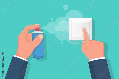 Disinfection switch. Cleaner disinfects buttons. Hygiene public space. Spraying antibacterial sanitizing spray. Pollution prevention. Spray detergent. Napkin in hands. Vector illustration flat design