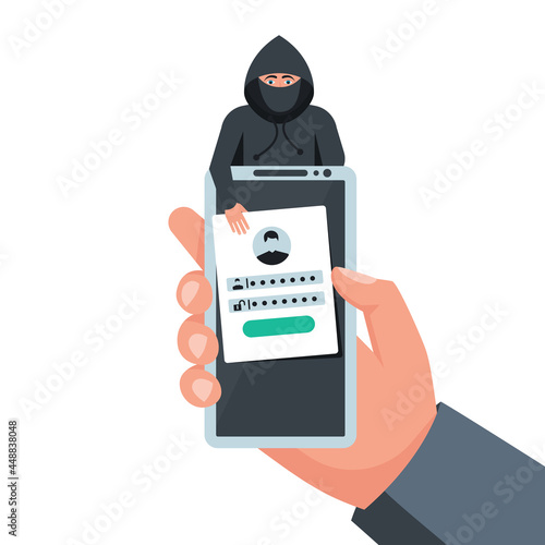 Hacked account. Smartphone in hand. Fraudster steals personal data. Account theft. Hacker steals data from phone. Vector illustration flat design. Loss of personal information.
