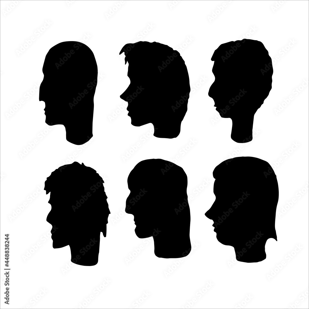 Vector illustration of male head silhouettes. Set of six head silhouettes isolated on white background. Side view.