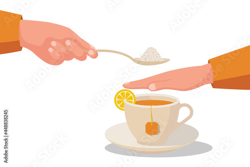 Sugar free. Human gesture hand refuses to sweet. No sugar. Harmful product. Healthy lifestyle. Vector illustration flat design. Isolated on white background.