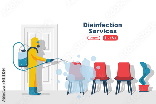 Disinfection of office room. Prevention of covid 2019. Specialist in hazmat suit cleaning disinfecting coronavirus. Vector illustration flat design. Isolated background. Disinfection of the workplace.