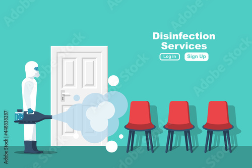 Disinfection of office room. Prevention of covid 2019. Specialist in hazmat suit cleaning disinfecting coronavirus. Vector illustration flat design. Isolated background. Disinfection of the workplace.