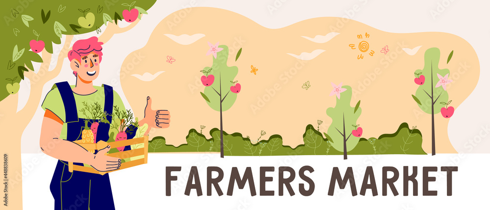 Farmers market banner or flyer design with smiling farmer presenting his  harvest, cartoon vector illustration. Banner or poster template for  agricultural fair and local food market. Stock Vector | Adobe Stock